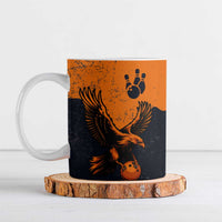 Flying Eagle Carrying Bowling Ball Ceramic Mug with Grunge Orange and Black Splatter Design - Wonder Print Shop