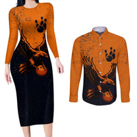 Flying Eagle Carrying Bowling Ball Couples Matching Long Sleeve Bodycon Dress and Long Sleeve Button Shirt with Grunge Orange and Black Splatter Design - Wonder Print Shop