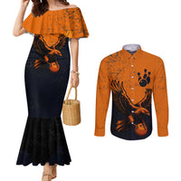 Flying Eagle Carrying Bowling Ball Couples Matching Mermaid Dress and Long Sleeve Button Shirt with Grunge Orange and Black Splatter Design - Wonder Print Shop