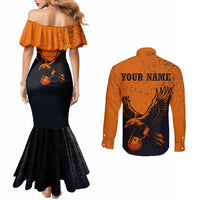 Flying Eagle Carrying Bowling Ball Couples Matching Mermaid Dress and Long Sleeve Button Shirt with Grunge Orange and Black Splatter Design - Wonder Print Shop