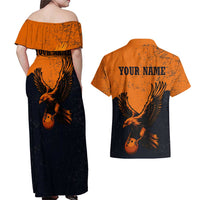 Flying Eagle Carrying Bowling Ball Couples Matching Off Shoulder Maxi Dress and Hawaiian Shirt with Grunge Orange and Black Splatter Design - Wonder Print Shop