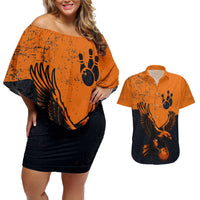 Flying Eagle Carrying Bowling Ball Couples Matching Off Shoulder Short Dress and Hawaiian Shirt with Grunge Orange and Black Splatter Design - Wonder Print Shop