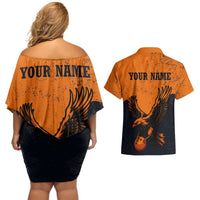 Flying Eagle Carrying Bowling Ball Couples Matching Off Shoulder Short Dress and Hawaiian Shirt with Grunge Orange and Black Splatter Design - Wonder Print Shop