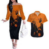 Flying Eagle Carrying Bowling Ball Couples Matching Off The Shoulder Long Sleeve Dress and Hawaiian Shirt with Grunge Orange and Black Splatter Design - Wonder Print Shop
