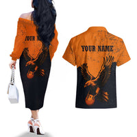 Flying Eagle Carrying Bowling Ball Couples Matching Off The Shoulder Long Sleeve Dress and Hawaiian Shirt with Grunge Orange and Black Splatter Design - Wonder Print Shop