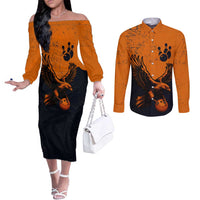 Flying Eagle Carrying Bowling Ball Couples Matching Off The Shoulder Long Sleeve Dress and Long Sleeve Button Shirt with Grunge Orange and Black Splatter Design - Wonder Print Shop