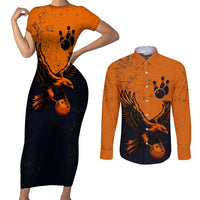 Flying Eagle Carrying Bowling Ball Couples Matching Short Sleeve Bodycon Dress and Long Sleeve Button Shirt with Grunge Orange and Black Splatter Design - Wonder Print Shop