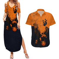 Flying Eagle Carrying Bowling Ball Couples Matching Summer Maxi Dress and Hawaiian Shirt with Grunge Orange and Black Splatter Design - Wonder Print Shop
