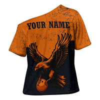 Flying Eagle Carrying Bowling Ball Cross Shoulder Shirt with Grunge Orange and Black Splatter Design - Wonder Print Shop