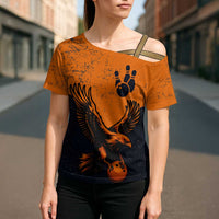 Flying Eagle Carrying Bowling Ball Cross Shoulder Shirt with Grunge Orange and Black Splatter Design - Wonder Print Shop