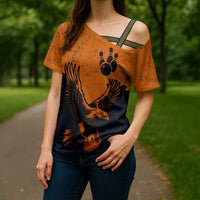 Flying Eagle Carrying Bowling Ball Cross Shoulder Shirt with Grunge Orange and Black Splatter Design - Wonder Print Shop