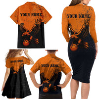 Flying Eagle Carrying Bowling Ball Family Matching Long Sleeve Bodycon Dress and Hawaiian Shirt with Grunge Orange and Black Splatter Design - Wonder Print Shop