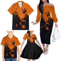 Flying Eagle Carrying Bowling Ball Family Matching Off The Shoulder Long Sleeve Dress and Hawaiian Shirt with Grunge Orange and Black Splatter Design - Wonder Print Shop