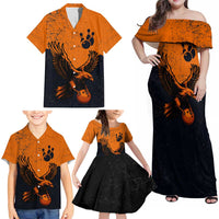 Flying Eagle Carrying Bowling Ball Family Matching Off Shoulder Maxi Dress and Hawaiian Shirt with Grunge Orange and Black Splatter Design - Wonder Print Shop