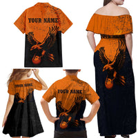 Flying Eagle Carrying Bowling Ball Family Matching Off Shoulder Maxi Dress and Hawaiian Shirt with Grunge Orange and Black Splatter Design - Wonder Print Shop