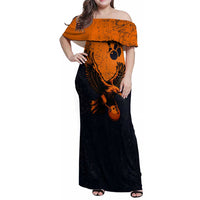 Flying Eagle Carrying Bowling Ball Family Matching Off Shoulder Maxi Dress and Hawaiian Shirt with Grunge Orange and Black Splatter Design - Wonder Print Shop