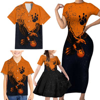 Flying Eagle Carrying Bowling Ball Family Matching Short Sleeve Bodycon Dress and Hawaiian Shirt with Grunge Orange and Black Splatter Design - Wonder Print Shop