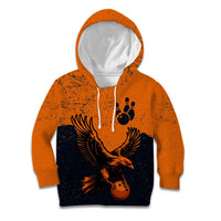 Flying Eagle Carrying Bowling Ball Kid Hoodie with Grunge Orange and Black Splatter Design - Wonder Print Shop