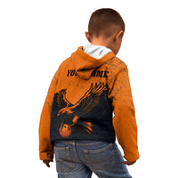 Flying Eagle Carrying Bowling Ball Kid Hoodie with Grunge Orange and Black Splatter Design - Wonder Print Shop
