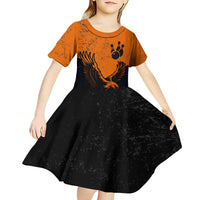 Flying Eagle Carrying Bowling Ball Kid Short Sleeve Dress with Grunge Orange and Black Splatter Design - Wonder Print Shop