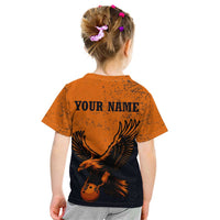 Flying Eagle Carrying Bowling Ball Kid T Shirt with Grunge Orange and Black Splatter Design - Wonder Print Shop