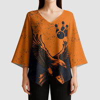 Flying Eagle Carrying Bowling Ball Kimono Sleeve Blouse with Grunge Orange and Black Splatter Design - Wonder Print Shop