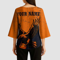 Flying Eagle Carrying Bowling Ball Kimono Sleeve Blouse with Grunge Orange and Black Splatter Design - Wonder Print Shop