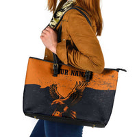 Flying Eagle Carrying Bowling Ball Leather Tote Bag with Grunge Orange and Black Splatter Design - Wonder Print Shop