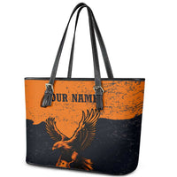 Flying Eagle Carrying Bowling Ball Leather Tote Bag with Grunge Orange and Black Splatter Design - Wonder Print Shop