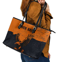 Flying Eagle Carrying Bowling Ball Leather Tote Bag with Grunge Orange and Black Splatter Design - Wonder Print Shop