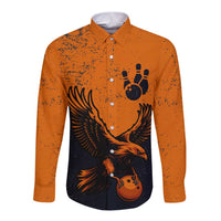 Flying Eagle Carrying Bowling Ball Long Sleeve Button Shirt with Grunge Orange and Black Splatter Design - Wonder Print Shop