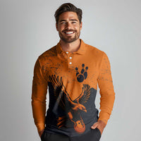 Flying Eagle Carrying Bowling Ball Long Sleeve Polo Shirt with Grunge Orange and Black Splatter Design - Wonder Print Shop