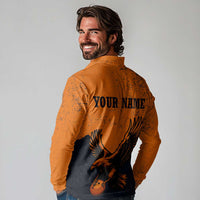 Flying Eagle Carrying Bowling Ball Long Sleeve Polo Shirt with Grunge Orange and Black Splatter Design - Wonder Print Shop