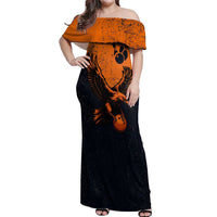 Flying Eagle Carrying Bowling Ball Off Shoulder Maxi Dress with Grunge Orange and Black Splatter Design - Wonder Print Shop