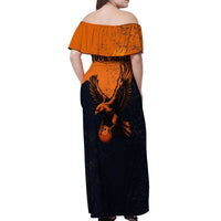 Flying Eagle Carrying Bowling Ball Off Shoulder Maxi Dress with Grunge Orange and Black Splatter Design - Wonder Print Shop