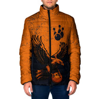 Flying Eagle Carrying Bowling Ball Padded Jacket with Grunge Orange and Black Splatter Design - Wonder Print Shop