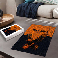 Flying Eagle Carrying Bowling Ball Puzzle with Grunge Orange and Black Splatter Design - Wonder Print Shop