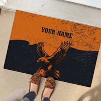 Flying Eagle Carrying Bowling Ball Rubber Doormat with Grunge Orange and Black Splatter Design - Wonder Print Shop