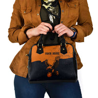 Flying Eagle Carrying Bowling Ball Shoulder Handbag with Grunge Orange and Black Splatter Design - Wonder Print Shop