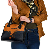 Flying Eagle Carrying Bowling Ball Shoulder Handbag with Grunge Orange and Black Splatter Design - Wonder Print Shop