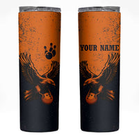 Flying Eagle Carrying Bowling Ball Skinny Tumbler with Grunge Orange and Black Splatter Design - Wonder Print Shop