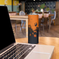 Flying Eagle Carrying Bowling Ball Skinny Tumbler with Grunge Orange and Black Splatter Design - Wonder Print Shop