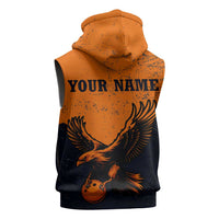 Flying Eagle Carrying Bowling Ball Sleeveless Hoodie with Grunge Orange and Black Splatter Design - Wonder Print Shop