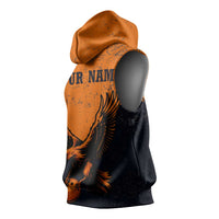 Flying Eagle Carrying Bowling Ball Sleeveless Hoodie with Grunge Orange and Black Splatter Design - Wonder Print Shop