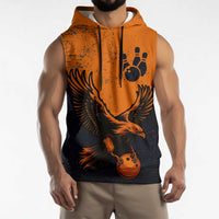 Flying Eagle Carrying Bowling Ball Sleeveless Hoodie with Grunge Orange and Black Splatter Design - Wonder Print Shop