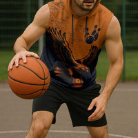 Flying Eagle Carrying Bowling Ball Sleeveless Hoodie with Grunge Orange and Black Splatter Design - Wonder Print Shop