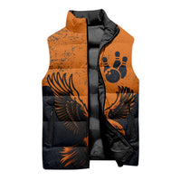 Flying Eagle Carrying Bowling Ball Sleeveless Puffer Jacket with Grunge Orange and Black Splatter Design - Wonder Print Shop