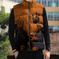 Flying Eagle Carrying Bowling Ball Sleeveless Puffer Jacket with Grunge Orange and Black Splatter Design - Wonder Print Shop