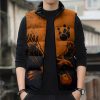 Flying Eagle Carrying Bowling Ball Sleeveless Puffer Jacket with Grunge Orange and Black Splatter Design - Wonder Print Shop