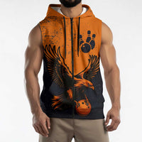 Flying Eagle Carrying Bowling Ball Sleeveless Zip Hoodie with Grunge Orange and Black Splatter Design - Wonder Print Shop